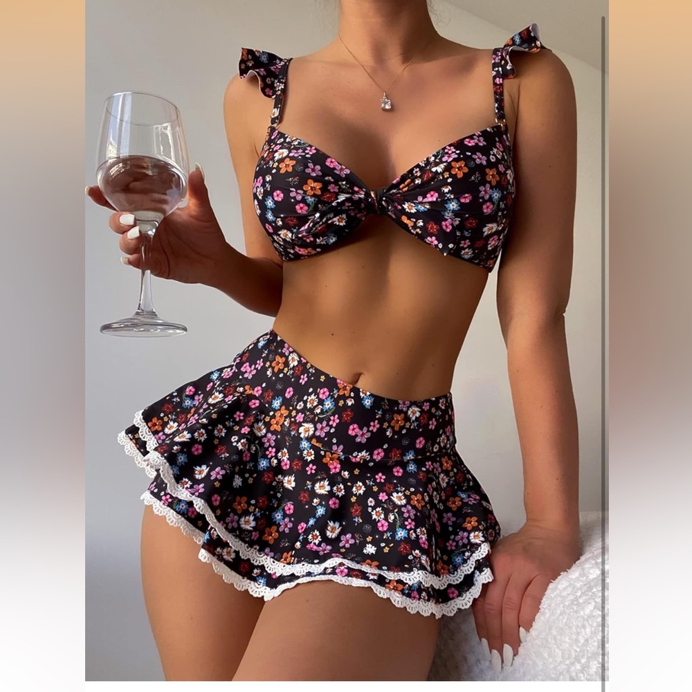 Floral Bikini Set with Lace Trim